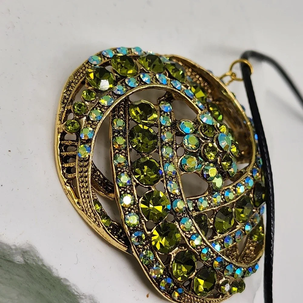 Olive Green Rhinestone Pendant Necklace Gold Tone AB Crystal Statement Glam